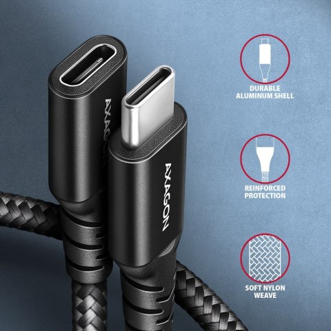 BUCM32-CF15AB Kabel przedłużacz Gen2 USB-C - USB-C 1.5m, 5A, 20Gbps, PD 240W, oplot, czarny AXAGON BUCM32-CF15AB Kabel przedłużacz Gen2 USB-C - USB-C 1.5m, 5A, 20Gbps, PD 240W, oplot, czarny AXAGON