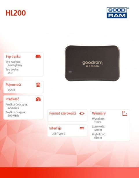 Dysk SSD HL200 512GB USB-C 3.2 Gen2 GOODRAM Dysk SSD HL200 512GB USB-C 3.2 Gen2 GOODRAM