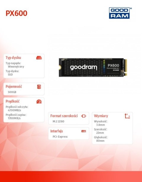 Dysk SSD PX600 500GB M.2 PCIe 4x4 NVMe 2280 GOODRAM