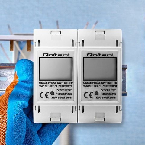 Jednofazowy elektroniczny licznik | miernik zużycia energii na szynę DIN | 230V | LCD | 2P Qoltec