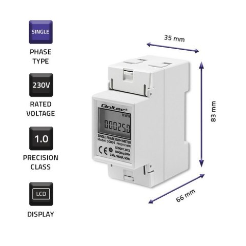 Jednofazowy elektroniczny licznik | miernik zużycia energii na szynę DIN | 230V | LCD | 2P Qoltec