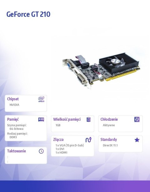 Karta graficzna GeForce GT 210 1GB DDR3 64Bit DVI HDMI VGA Fan LP AFOX Karta graficzna GeForce GT 210 1GB DDR3 64Bit DVI HDMI VGA Fan LP AFOX