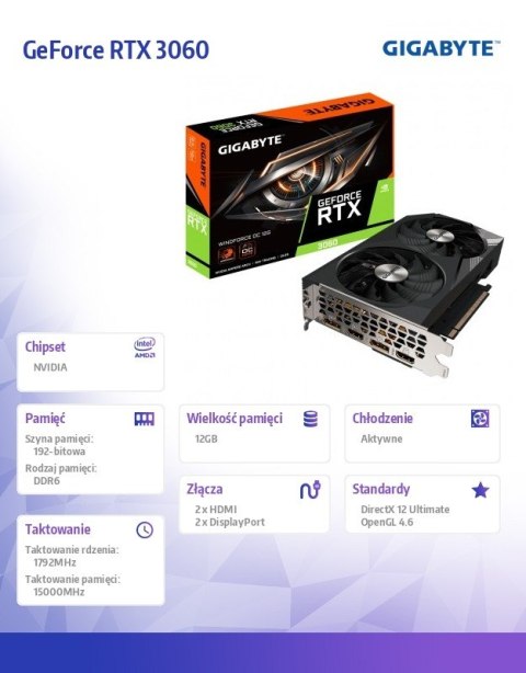 Karta graficzna GeForce RTX 3060 Windforce OC 2.0 12GB GDDR6 192bit Gigabyte Karta graficzna GeForce RTX 3060 Windforce OC 2.0 12GB GDDR6 192bit Gigabyte