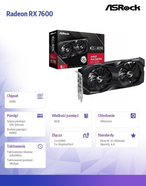 Karta graficzna Radeon RX 7600 Challenger 8G OC GDDR6 128bit ASRock