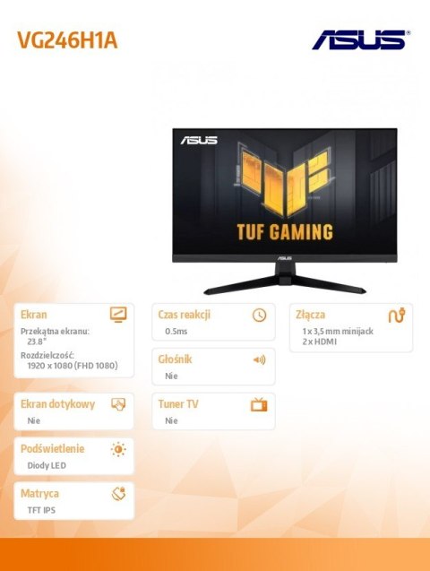 Monitor 24 cale VG246H1A IPS BK/0.5MS/EU/HDMI/100Hz Asus Monitor 24 cale VG246H1A IPS BK/0.5MS/EU/HDMI/100Hz Asus