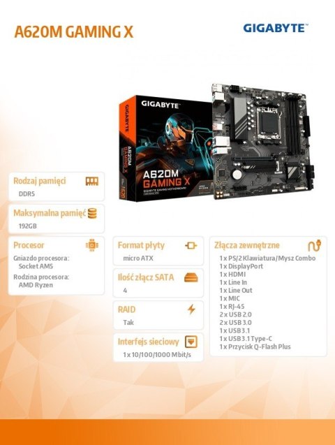 Płyta główna A620M GAMING X AM5 4DDR5 HDMI/DP M.2 mATX Gigabyte Płyta główna A620M GAMING X AM5 4DDR5 HDMI/DP M.2 mATX Gigabyte