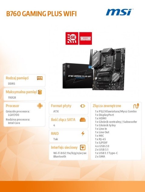 Płyta główna B760 GAMING PLUS WIFI s1700 4DDR5 DP/HDMI ATX MSI