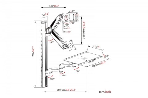 Ramię naścienne pojedyncze 1xLCD + klawiatura, max. 32" i 8kg uchylno-obrotowe 360° (PIVOT) Digitus