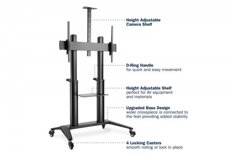 Stojak mobilny pojedynczy z półką i uchwytem na kamerę, 1xLCD max. 120" max. 140kg, VESA max. 1000x600 Digitus
