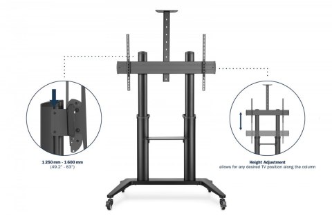 Stojak mobilny pojedynczy z półką i uchwytem na kamerę, 1xLCD max. 120" max. 140kg, VESA max. 1000x600 Digitus