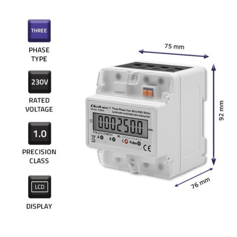 Trójfazowy elektroniczny licznik | miernik zużycia energii na szynę DIN | 400V | LCD | 4P Qoltec