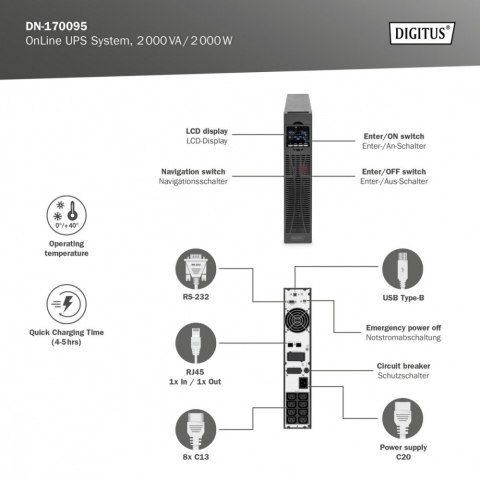 Zasilacz awaryjny UPS Online Rack 19" LCD, 2000VA/2000W, 4x12V/9Ah, 8xC13, USB, RS232, RJ45 Digitus