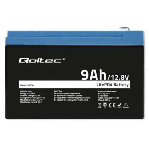 Akumulator LiFePO4 Litowo-Żelazowo-Fforanowy | 12.8V | 9Ah | 115.2Wh | BMS Qoltec Akumulator LiFePO4 Litowo-Żelazowo-Fforanowy | 12.8V | 9Ah | 115.2Wh | BMS Qoltec