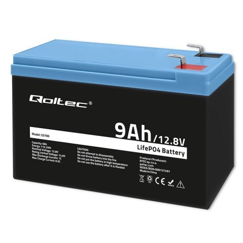 Akumulator LiFePO4 Litowo-Żelazowo-Fforanowy | 12.8V | 9Ah | 115.2Wh | BMS Qoltec Akumulator LiFePO4 Litowo-Żelazowo-Fforanowy | 12.8V | 9Ah | 115.2Wh | BMS Qoltec