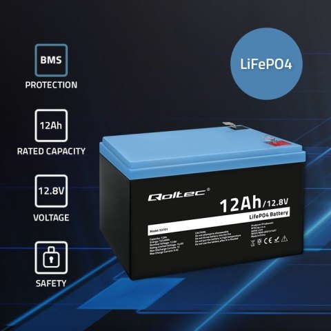 Akumulator LiFePO4 Litowo-Żelazowo-Fosforanowy | 12.8V | 12Ah | 153.6Wh | BMS Qoltec Akumulator LiFePO4 Litowo-Żelazowo-Fosforanowy | 12.8V | 12Ah | 153.6Wh | BMS Qoltec