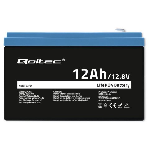 Akumulator LiFePO4 Litowo-Żelazowo-Fosforanowy | 12.8V | 12Ah | 153.6Wh | BMS Qoltec Akumulator LiFePO4 Litowo-Żelazowo-Fosforanowy | 12.8V | 12Ah | 153.6Wh | BMS Qoltec