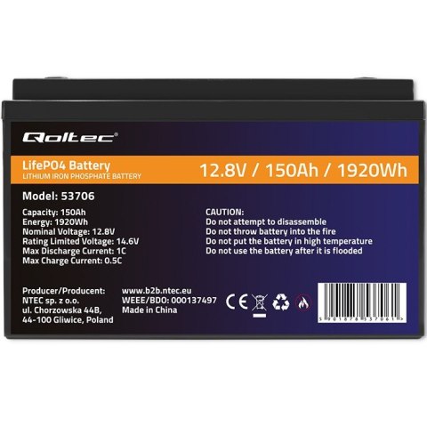 Akumulator LiFePO4 Litowo-Żelazowo-Fosforanowy | 12.8V | 150Ah | 1920Wh | BMS Qoltec