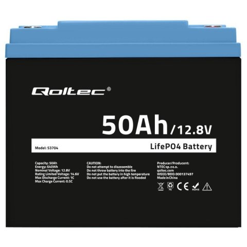 Akumulator LiFePO4 Litowo-Żelazowo-Fosforanowy | 12.8V | 50Ah | 640Wh | BMS Qoltec Akumulator LiFePO4 Litowo-Żelazowo-Fosforanowy | 12.8V | 50Ah | 640Wh | BMS Qoltec