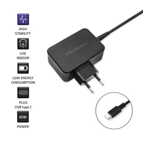 Ładowarka sieciowa 65W | 5-20V | 3-3.25A | USB typ C | PD | Czarna Qoltec