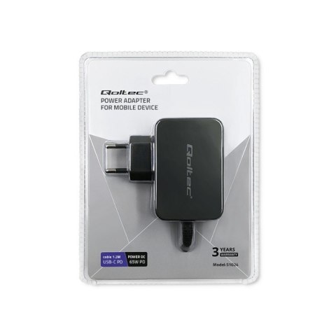 Ładowarka sieciowa 65W | 5-20V | 3-3.25A | USB typ C | PD | Czarna Qoltec