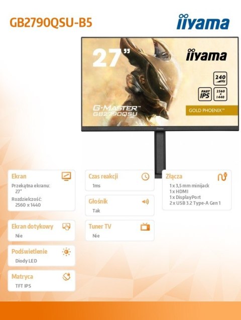 Monitor 27 cali GB2790QSU-B5 1ms,IPS,DP,HDMI,240Hz,F.Sync,QHD,HDR400 IIYAMA