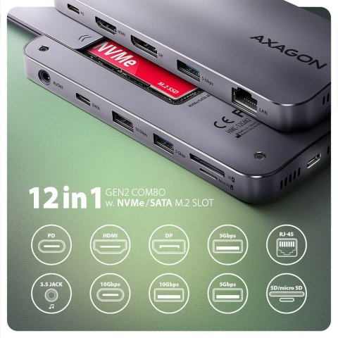 HMC-12GM2 Wieloportowy hub USB 12in1 + M.2 NVMe/SATA pozycja, 10Gbps, 3x USB-A, USB-C, HDMI 4K/60Hz, DP 4K/60Hz, GLAN, SD/microS AXAGON HMC-12GM2 Wieloportowy hub USB 12in1 + M.2 NVMe/SATA pozycja, 10Gbps, 3x USB-A, USB-C, HDMI 4K/60Hz, DP 4K/60Hz, GLAN, SD/microS AXAGON