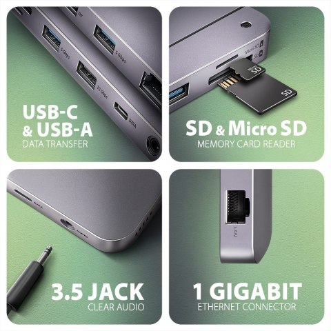 HMC-12GM2 Wieloportowy hub USB 12in1 + M.2 NVMe/SATA pozycja, 10Gbps, 3x USB-A, USB-C, HDMI 4K/60Hz, DP 4K/60Hz, GLAN, SD/microS AXAGON HMC-12GM2 Wieloportowy hub USB 12in1 + M.2 NVMe/SATA pozycja, 10Gbps, 3x USB-A, USB-C, HDMI 4K/60Hz, DP 4K/60Hz, GLAN, SD/microS AXAGON