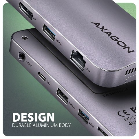 HMC-12GM2 Wieloportowy hub USB 12in1 + M.2 NVMe/SATA pozycja, 10Gbps, 3x USB-A, USB-C, HDMI 4K/60Hz, DP 4K/60Hz, GLAN, SD/microS AXAGON HMC-12GM2 Wieloportowy hub USB 12in1 + M.2 NVMe/SATA pozycja, 10Gbps, 3x USB-A, USB-C, HDMI 4K/60Hz, DP 4K/60Hz, GLAN, SD/microS AXAGON