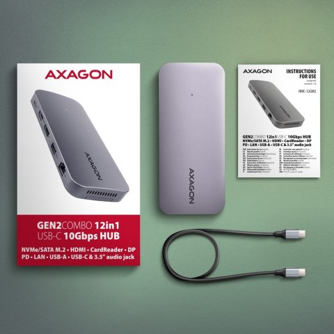 HMC-12GM2 Wieloportowy hub USB 12in1 + M.2 NVMe/SATA pozycja, 10Gbps, 3x USB-A, USB-C, HDMI 4K/60Hz, DP 4K/60Hz, GLAN, SD/microS AXAGON HMC-12GM2 Wieloportowy hub USB 12in1 + M.2 NVMe/SATA pozycja, 10Gbps, 3x USB-A, USB-C, HDMI 4K/60Hz, DP 4K/60Hz, GLAN, SD/microS AXAGON