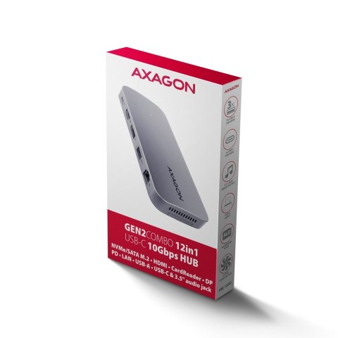 HMC-12GM2 Wieloportowy hub USB 12in1 + M.2 NVMe/SATA pozycja, 10Gbps, 3x USB-A, USB-C, HDMI 4K/60Hz, DP 4K/60Hz, GLAN, SD/microS AXAGON HMC-12GM2 Wieloportowy hub USB 12in1 + M.2 NVMe/SATA pozycja, 10Gbps, 3x USB-A, USB-C, HDMI 4K/60Hz, DP 4K/60Hz, GLAN, SD/microS AXAGON