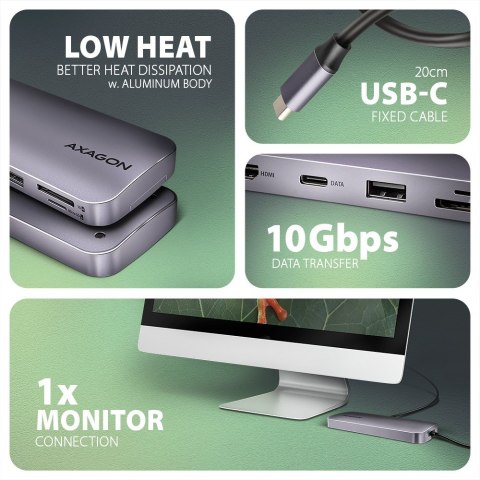 HMC-6GM2 Wieloportovy hub USB 6in1, 10Gbps, USB-A, USB-C, HDMI 4K/60Hz, M.2 NVMe/SATA, SD/microSD, PD 100W, 20cm USB-C kabel AXAGON HMC-6GM2 Wieloportovy hub USB 6in1, 10Gbps, USB-A, USB-C, HDMI 4K/60Hz, M.2 NVMe/SATA, SD/microSD, PD 100W, 20cm USB-C kabel AXAGON