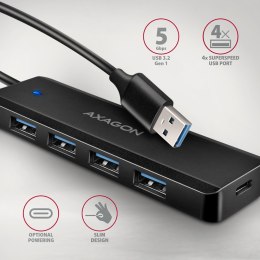 HUE-C1A 4-portowy hub USB 5Gbps Travel, USB-C power IN, kabel Type-A 19cm, USB-C dodatkowe zasilanie AXAGON
