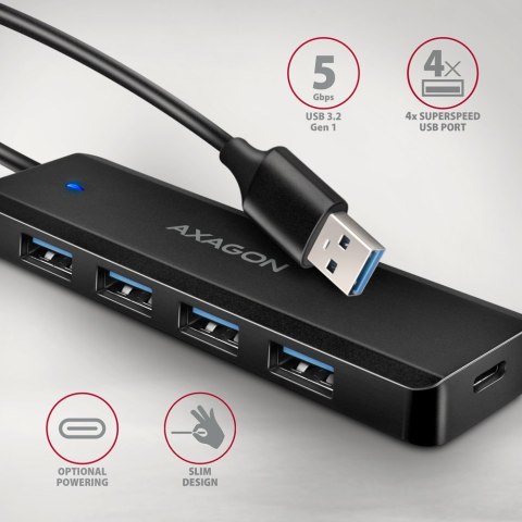 HUE-C1A 4-portowy hub USB 5Gbps Travel, USB-C power IN, kabel Type-A 19cm, USB-C dodatkowe zasilanie AXAGON HUE-C1A 4-portowy hub USB 5Gbps Travel, USB-C power IN, kabel Type-A 19cm, USB-C dodatkowe zasilanie AXAGON
