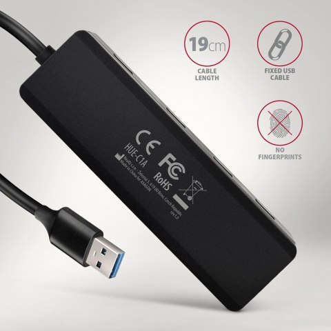 HUE-C1A 4-portowy hub USB 5Gbps Travel, USB-C power IN, kabel Type-A 19cm, USB-C dodatkowe zasilanie AXAGON HUE-C1A 4-portowy hub USB 5Gbps Travel, USB-C power IN, kabel Type-A 19cm, USB-C dodatkowe zasilanie AXAGON