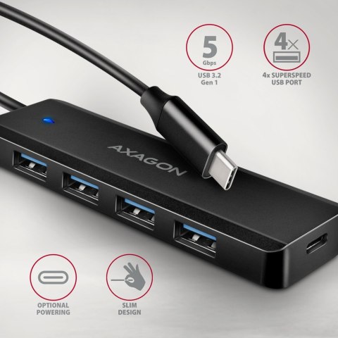 HUE-C1C 4-portowy hub USB 5Gbps Travel, USB-C power IN, kabel Type-C 19cm, USB-C dodatkowe zasilanie AXAGON HUE-C1C 4-portowy hub USB 5Gbps Travel, USB-C power IN, kabel Type-C 19cm, USB-C dodatkowe zasilanie AXAGON