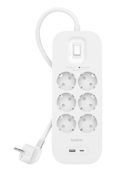 Listwa przeciwprzepięciowa SurgePlus 6x Schuko 1xUSB-A 1xUSB-C 650J 2m Belkin Listwa przeciwprzepięciowa SurgePlus 6x Schuko 1xUSB-A 1xUSB-C 650J 2m Belkin