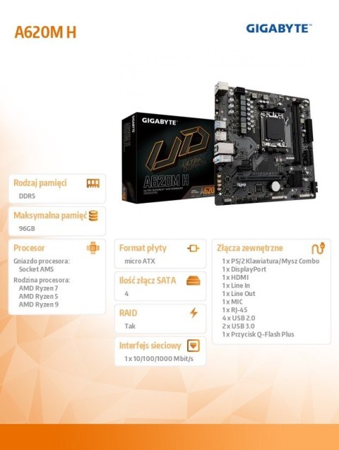 Płyta główna A620M H AM5 2DDR5 HDMI/DP M.2 mATX Gigabyte Płyta główna A620M H AM5 2DDR5 HDMI/DP M.2 mATX Gigabyte