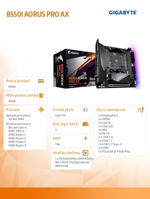 Płyta główna B550I AORUS PRO AX AM4 2DDR4 HDMI/DP mITX Gigabyte Płyta główna B550I AORUS PRO AX AM4 2DDR4 HDMI/DP mITX Gigabyte