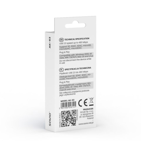 Czytnik kart SD, USB 2.0, 480 Mbps, AK-63 Savio