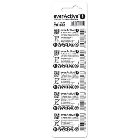 Baterie litowe mini CR1620 blister 5 sztuk EverActive Baterie litowe mini CR1620 blister 5 sztuk EverActive