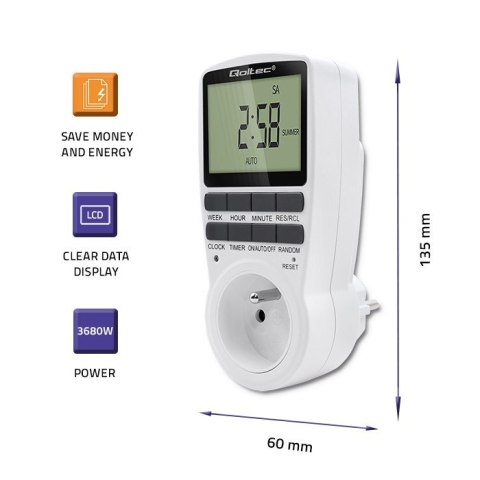 Elektroniczny programator czasowy PC0628 | 3680W | 16A | LCD Qoltec Elektroniczny programator czasowy PC0628 | 3680W | 16A | LCD Qoltec