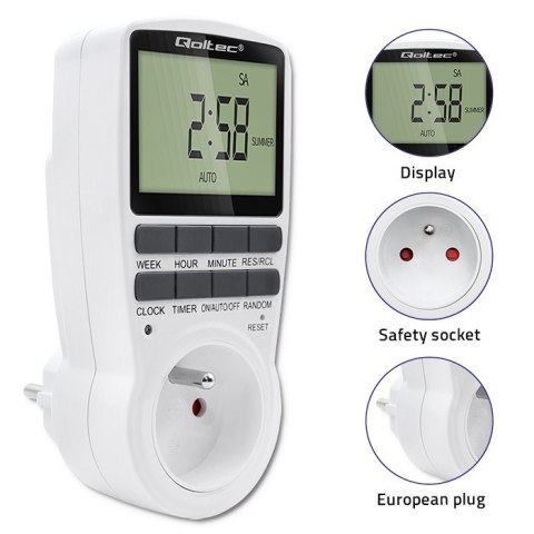 Elektroniczny programator czasowy PC0628 | 3680W | 16A | LCD Qoltec Elektroniczny programator czasowy PC0628 | 3680W | 16A | LCD Qoltec