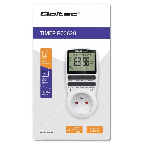 Elektroniczny programator czasowy PC0628 | 3680W | 16A | LCD Qoltec Elektroniczny programator czasowy PC0628 | 3680W | 16A | LCD Qoltec
