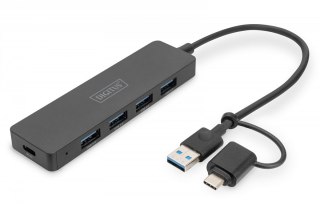 Hub USB 3.0/Koncentrator 4-portowy SlimLine USB A + adapter USB-C 5Gbps, złącze zasilania USB-C Digitus