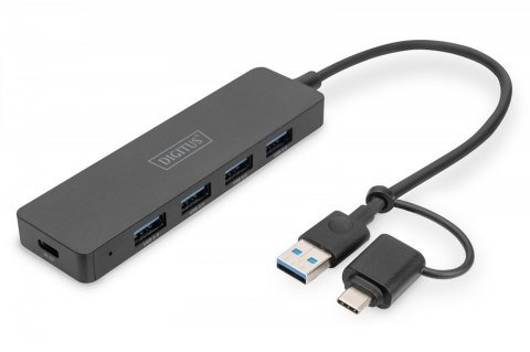 Hub USB 3.0/Koncentrator 4-portowy SlimLine USB A + adapter USB-C 5Gbps, złącze zasilania USB-C Digitus