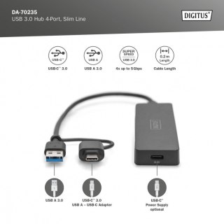 Hub USB 3.0/Koncentrator 4-portowy SlimLine USB A + adapter USB-C 5Gbps, złącze zasilania USB-C Digitus