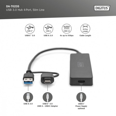 Hub USB 3.0/Koncentrator 4-portowy SlimLine USB A + adapter USB-C 5Gbps, złącze zasilania USB-C Digitus
