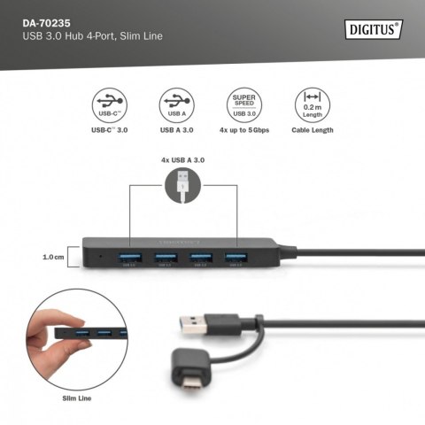Hub USB 3.0/Koncentrator 4-portowy SlimLine USB A + adapter USB-C 5Gbps, złącze zasilania USB-C Digitus