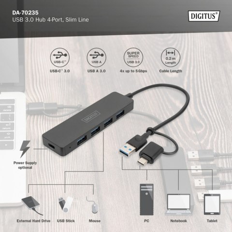 Hub USB 3.0/Koncentrator 4-portowy SlimLine USB A + adapter USB-C 5Gbps, złącze zasilania USB-C Digitus