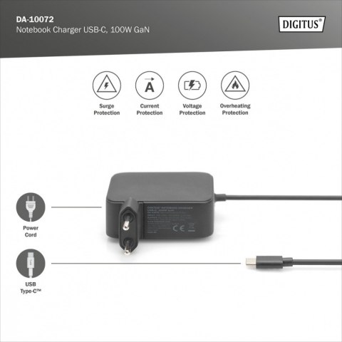 Ładowarka sieciowa zasilacz 1x USB-C PD 3.0 max. 100W GaN zintegrowany kabel 1,2m Czarna Digitus